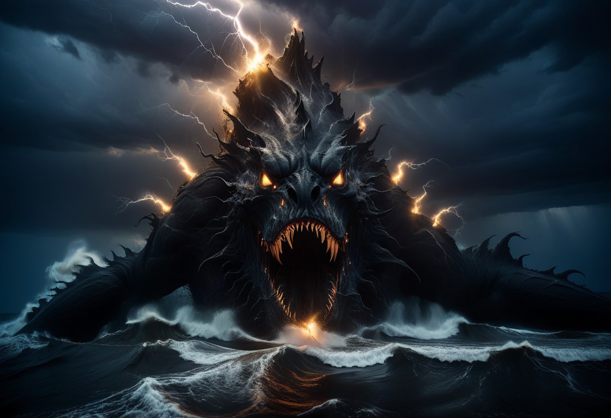 professional, 4k photo, Sharp focus, high detail, gargantuan sea monster, dark theme, silhouette, monster in distance, emerging from ocean, murky water, black scales, menacing, dramatic, greg rutkowski, expressionism, impressionism, volumetric lighting style, god rays, monster attack, eldritch horror, reaching upward, tall waves, lightning, thunderstorm, lightning strikes, wooden ship in foreground, monster in background,
dramatic angle, cinematic lighting, 
easynegative, extremely detailed, dark, chiaroscuro,