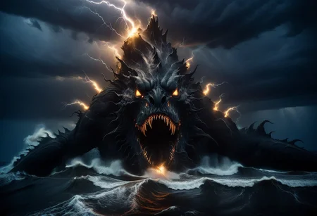 professional, 4k photo, Sharp focus, high detail, gargantuan sea monster, dark theme, silhouette, monster in distance, emerging from ocean, murky water, black scales, menacing, dramatic, greg rutkowski, expressionism, impressionism, volumetric lighting style, god rays, monster attack, eldritch horror, reaching upward, tall waves, lightning, thunderstorm, lightning strikes, wooden ship in foreground, monster in background,
dramatic angle, cinematic lighting,
easynegative, extremely detailed, dark, chiaroscuro,