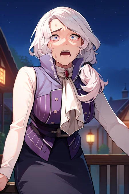 score_9, score_8_up, score_7_up, score_6_up, source_anime, 1girl, solo, <lora:willowschnee-pdxl-nvwls-v1-000008:1> rbWillow, white hair, hair over shoulder, high collar, purple vest, white shirt, ascot, long sleeves, black skirt, black pantyhose, large breasts, looking at you, mature female, scared, night sky, night, open mouth, sweat