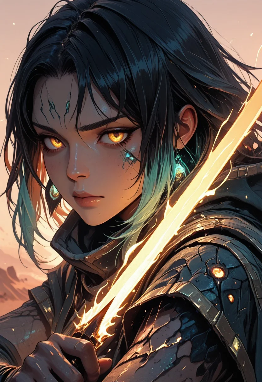 (masterpiece), (best quality), (8k), 1girl, cinematic lighting, dynamic action pose, mid-motion, desert setting, glowing heat haze, sun rays cutting through sand dust, monster scale armor, intricate textures, two-tone hair flowing in wind, intense expression, axe mid-swing, muscular build, determined face, cloak flaring behind, ambient particles in air, golden hour glow, cracked sandstone terrain, tribal hunter aesthetic, mid-leap or mid-charge, motion blur on background, focused eyes, golden energy, golden magic, golden trim,
Close up, closeup,