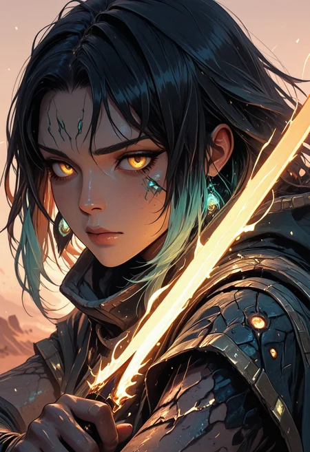 (masterpiece), (best quality), (8k), 1girl, cinematic lighting, dynamic action pose, mid-motion, desert setting, glowing heat haze, sun rays cutting through sand dust, monster scale armor, intricate textures, two-tone hair flowing in wind, intense expression, axe mid-swing, muscular build, determined face, cloak flaring behind, ambient particles in air, golden hour glow, cracked sandstone terrain, tribal hunter aesthetic, mid-leap or mid-charge, motion blur on background, focused eyes, golden energy, golden magic, golden trim,
Close up, closeup,