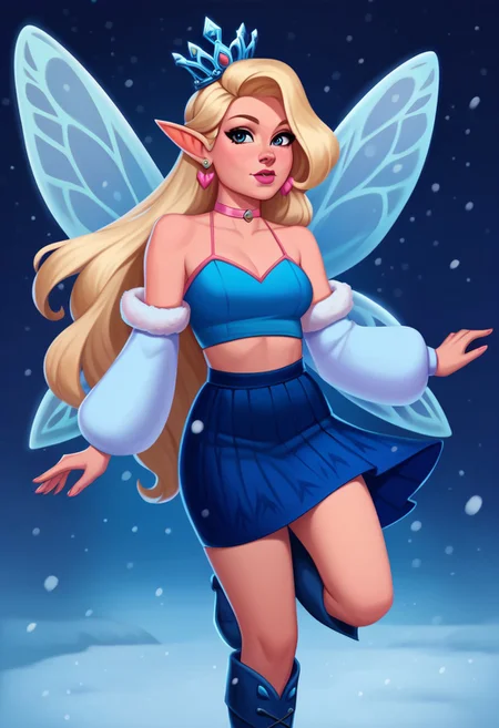score_9, score_8_up, score_7_up, casual game art style, casual game art, mobile game art, merge 3 game art, character design, casrealart, 1girl, blonde hair, solo, blue eyes, pink earrings, jewelry, winter fairy, blue over-the-knee boots, pointy ears, long hair, fairy wings, blue skirt, detached sleeves, blue crystal crown, blue crop top, pink choker, pink lips, standing on one leg, dark blue background, snow, handfixer
