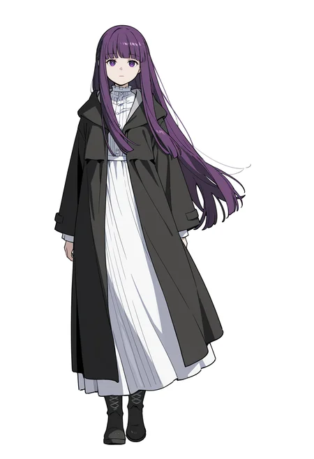Fern,Fern,solo,full body,white background,simple background,white dress,black footwear,dress,looking at viewer,standing,black coat,coat,blunt bangs,boots,long sleeves,arms at sides,sidelocks,frilled collar,expressionless,closed mouth,long dress,frills,