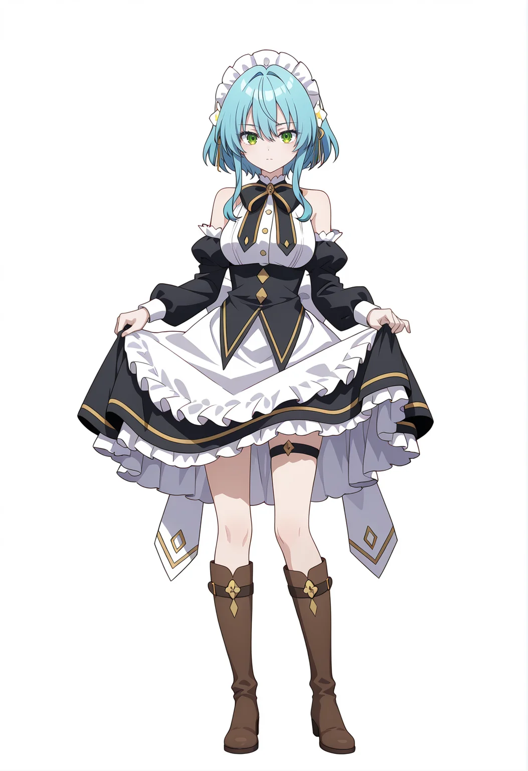 <lora:Villhaze_v1.0_illustrious-000038:1>,
Villhaze,solo,full body,maid headdress,brown footwear,boots,maid,white background,detached sleeves,looking at viewer,simple background,apron,standing,bow,long sleeves,frills,thigh strap,closed mouth,dress,bare shoulders,skirt hold,skirt,white apron,knee boots,maid apron,bowtie