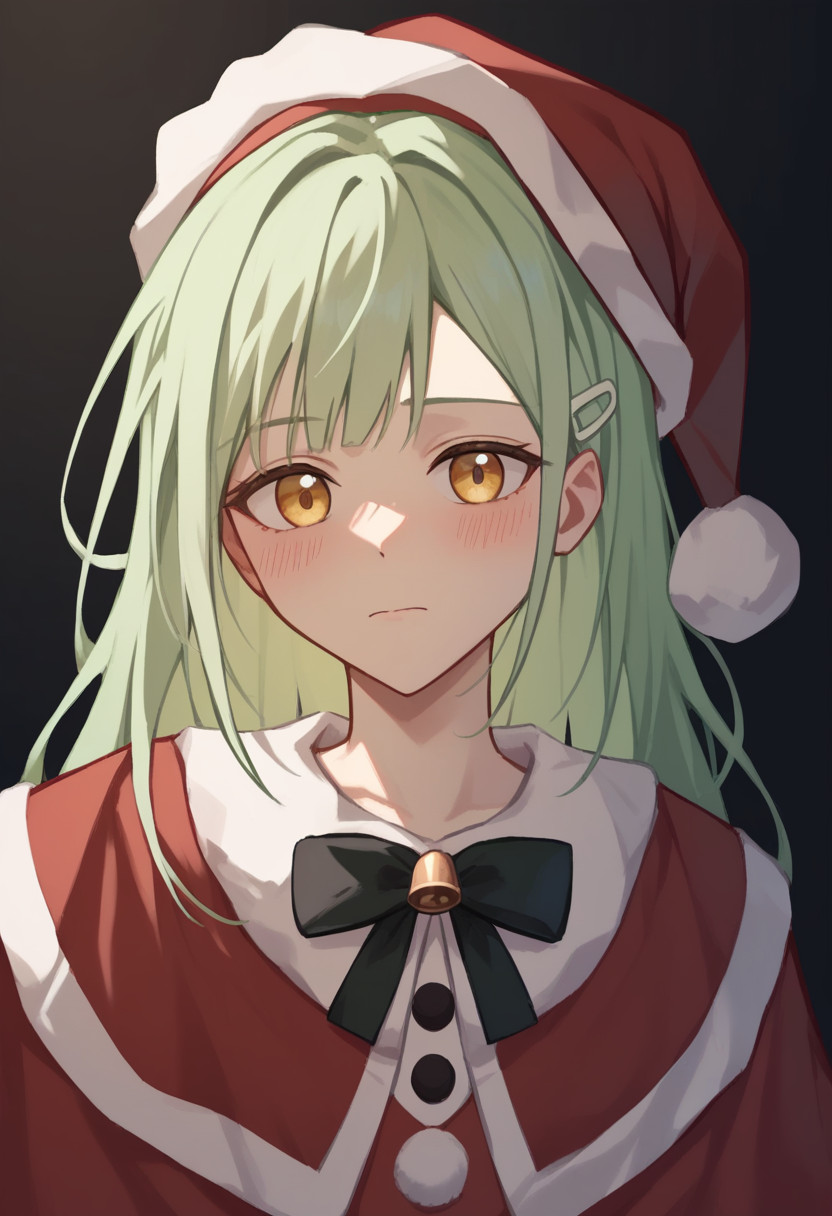 score_9,score_8_up,score_7_up,<lora:wakaba_mutsumi_tomori_pony_v1:1>,simple_background, black_ribbon, absurdres, blush, hairclip, chinese_commentary, santa_hat, santa_costume, black_background, highres, solo, upper_body, commentary_request, 1girl, red_capelet, wakaba_mutsumi, red_hat, closed_mouth