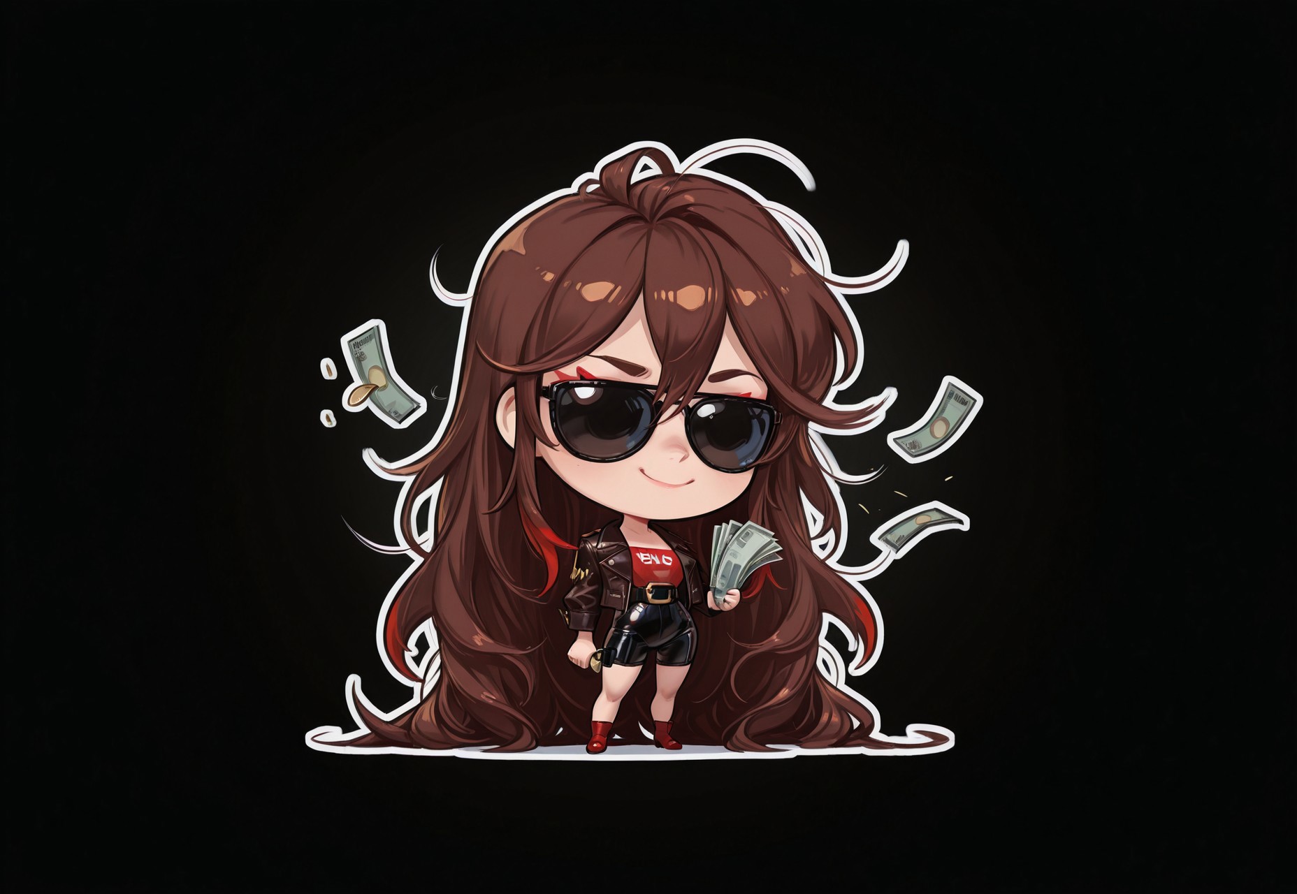 1girl,long hair,brown hair,very long hair,red tips,red streaks,holding money,moneygrabber,sunglasses,chibi,smu,solo,white outline,black background,leather jacket,throwing money,rich,s detailed,masterpiece, best quality, very aesthetic, absurdres,cashmoney,falling money,brat, smuggy,messy hair,tall,usnr,smug smile
