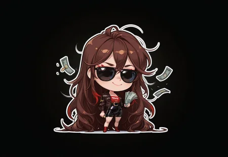 1girl,long hair,brown hair,very long hair,red tips,red streaks,holding money,moneygrabber,sunglasses,chibi,smu,solo,white outline,black background,leather jacket,throwing money,rich,s detailed,masterpiece, best quality, very aesthetic, absurdres,cashmoney,falling money,brat, smuggy,messy hair,tall,usnr,smug smile