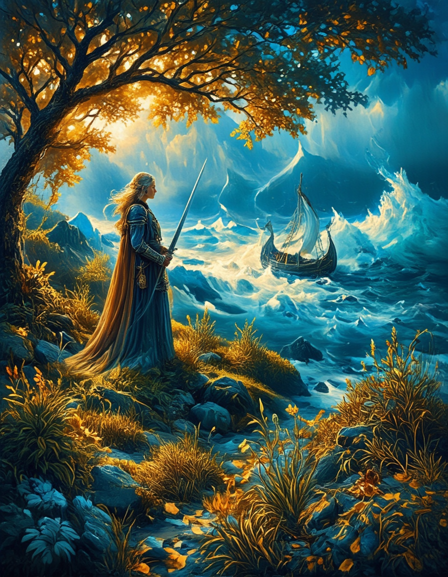 <lora:Medieval_Worlds_Scenery01cflux:1> mwl01, scenery, vegetation, rough sea, fantasy, gold, T4, blue, orange, yellow, bokeh, brown, tree, knight old woman, hair in the wind, sword, medieval boat,