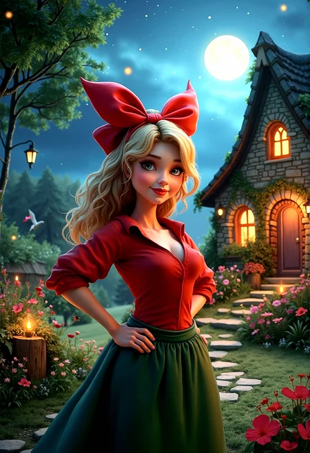 A magical 3D rendered scene featuring an adult beauty with blonde curls and a large red bow, wearing a red shirt and green skirt. her background is a quaint stone cottage, illuminated by a warm, inviting light, with a full moon and starry sky above. The cottage is surrounded by a garden of colorful flowers and lush greenery, with a stone path leading up to it. The scene is lit by soft moonlight, casting gentle shadows and enhancing the realistic textures of her clothing and the surroundings. The composition captures a peaceful and enchanting atmosphere, with detailed textures, sophisticated lighting, and expressive character emotions. Twinkling Fireflies, Add small, glowing fireflies flitting around the garden and near the cottage, creating a magical, ethereal feel.Ivy vines wind around the corners of the cottage, some creeping towards the windows, adding a touch of natural elegance.The windows of the cottage glow softly with the flicker of candles, adding warmth and a sense of life inside. standing,  One hip popped out, hand on hip, sassy smile.