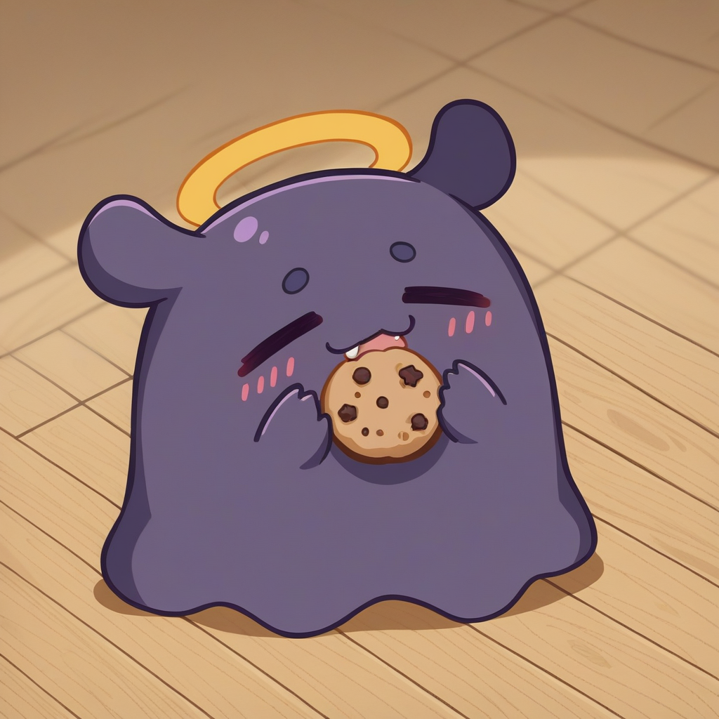 score_9, score_8_up, source_anime, Takodachi, no humans, chibi, octopus, halo, closed eyes, :3, blush, fang, open mouth, on floor, cookie, eating cookie, <lora:ChamTakodachiPonyXL:1>