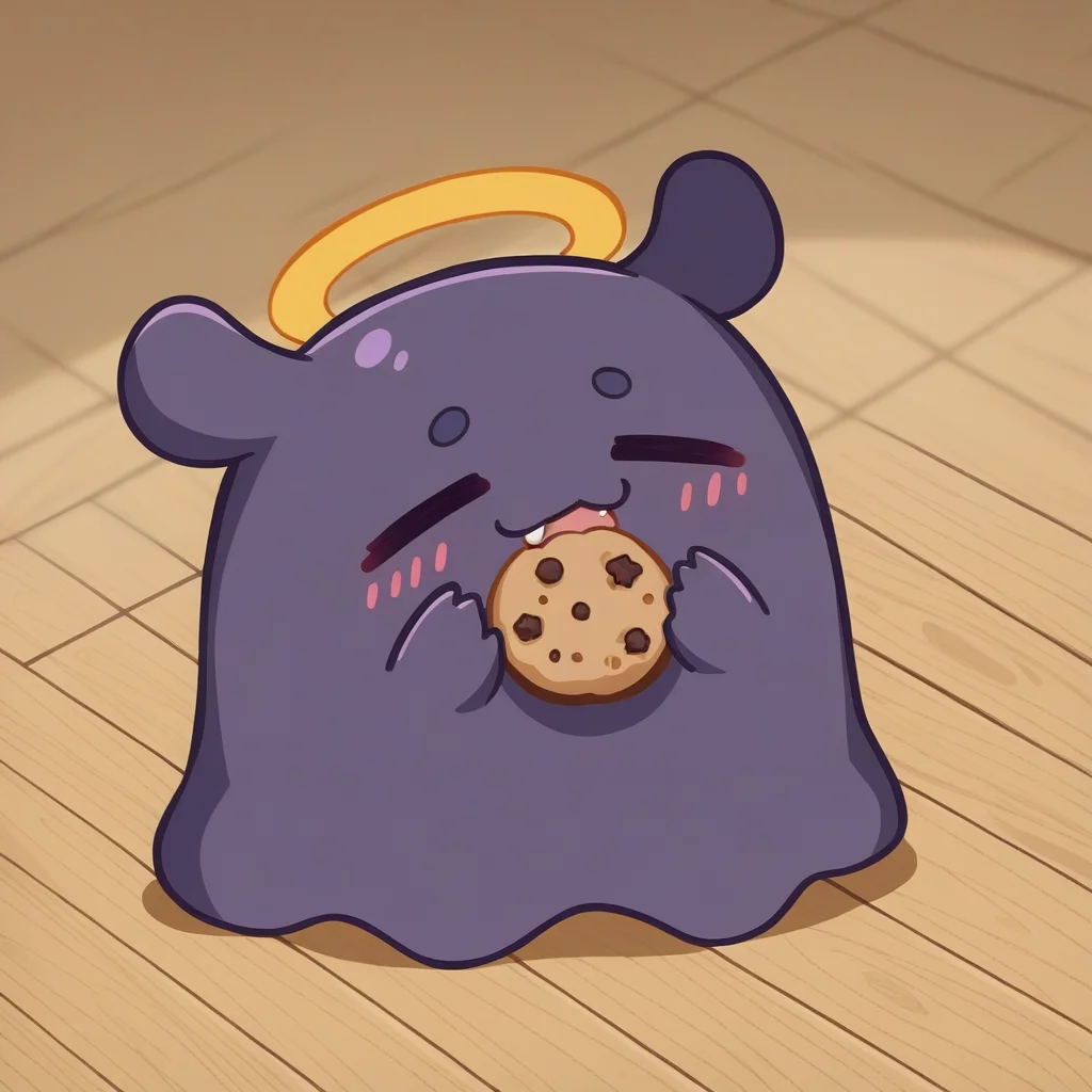score_9, score_8_up, source_anime, Takodachi, no humans, chibi, octopus, halo, closed eyes, :3, blush, fang, open mouth, on floor, cookie, eating cookie, <lora:ChamTakodachiPonyXL:1>