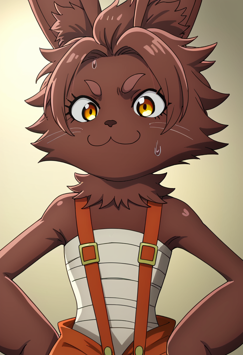 score_9,  <lora:Bilac:1> bilac, animal ears, bilac, dark skin, furry female, hands on hips, short hair, smile, solo, suspenders, sweatdrop, upper body