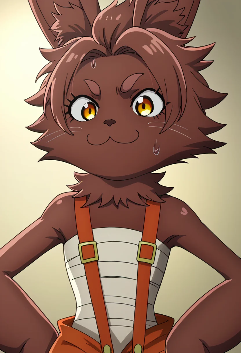 score_9, <lora:Bilac:1> bilac, animal ears, bilac, dark skin, furry female, hands on hips, short hair, smile, solo, suspenders, sweatdrop, upper body