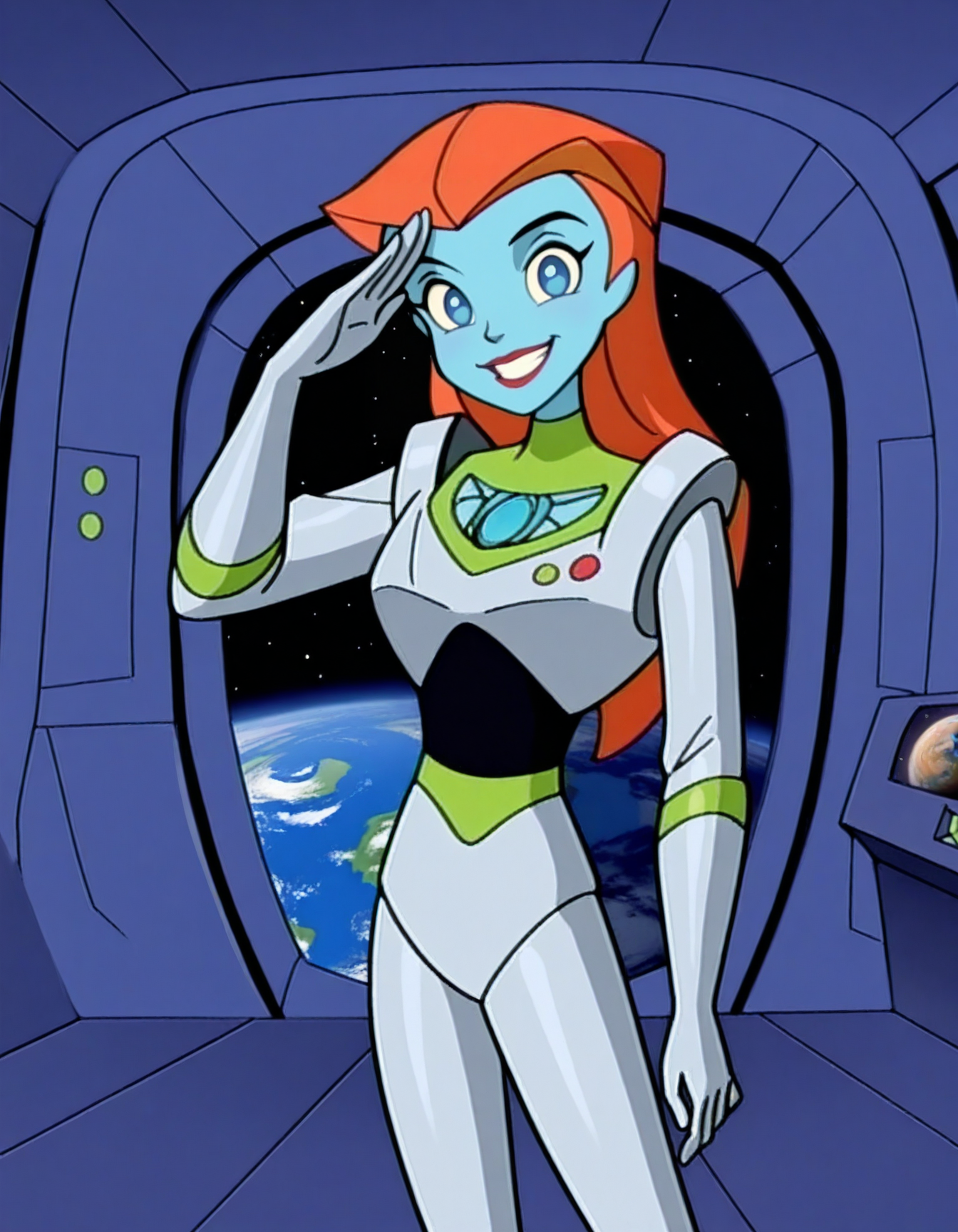detailed, masterpiece, best quality, 
spacesuit, 
indoors, spacecraft_interior, 
1girl, solo, standing, looking at viewer, salute, 
<lora:blosc-miranova:1>, xmirax, blue skin, orange hair, long hair, blue eyes, red lips,