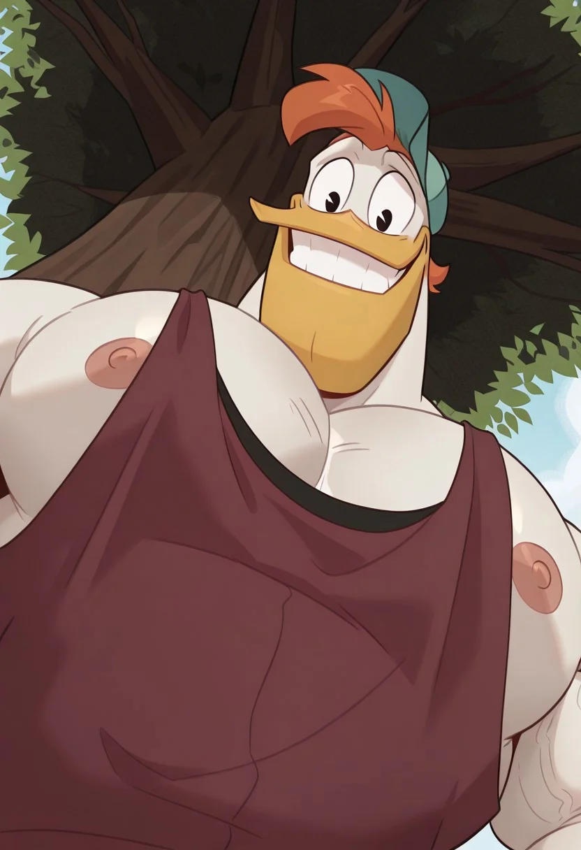 solo, 1 boy, male focus, bara, muscular, furry, Launchpad Mcquack, Duck, white feathers, yellow Beak, Orange hair, black eyes, duck feet, anthro, Teal cap, black tank top, smug, sexy smile, grin, perfect anatomy, masterpiece, perfect quality, best quality, detailed, newest, very aesthetic, detailed muscle, muscular, big pecs, Thick Pecs, juicy pecs, hyper Pecs, detailed muscle, leaning against tree, Closer against tree, outdoors, grassy, dutch angle, perfect anatomy, pec pov \(meme\), 1boy, solo, male focus, mature male, looking at viewer, looking down, from below, upper body, close-up, nipples, nipple slip, large pectorals, pectoral focus, sidepec, tank top, maroon tank top, muscular, muscular male, bara, simple background,