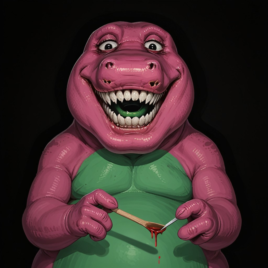 masterpiec, best quality, solo, barneydinosaur, barney, biped, dinosaur, mascot, tyrannosaurus rex, purple body, green belly, fat, chubby, white teeth, black eyes, short arms, (two fingers), (psychotic smile:1.1), (evil expression:1.1),  bulging eyes, smiling at viewer, blood on face, grin, evil smile, Sinister_Smile, shadow on the face, Macabre, Terror, Menacing_Smile, Disturbing_Expression, Grotesque_Style, Painting, Intense_Colors, Dark_Contrast