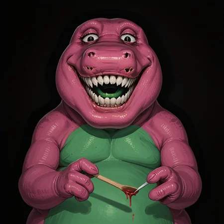 masterpiec, best quality, solo, barneydinosaur, barney, biped, dinosaur, mascot, tyrannosaurus rex, purple body, green belly, fat, chubby, white teeth, black eyes, short arms, (two fingers), (psychotic smile:1.1), (evil expression:1.1), bulging eyes, smiling at viewer, blood on face, grin, evil smile, Sinister_Smile, shadow on the face, Macabre, Terror, Menacing_Smile, Disturbing_Expression, Grotesque_Style, Painting, Intense_Colors, Dark_Contrast