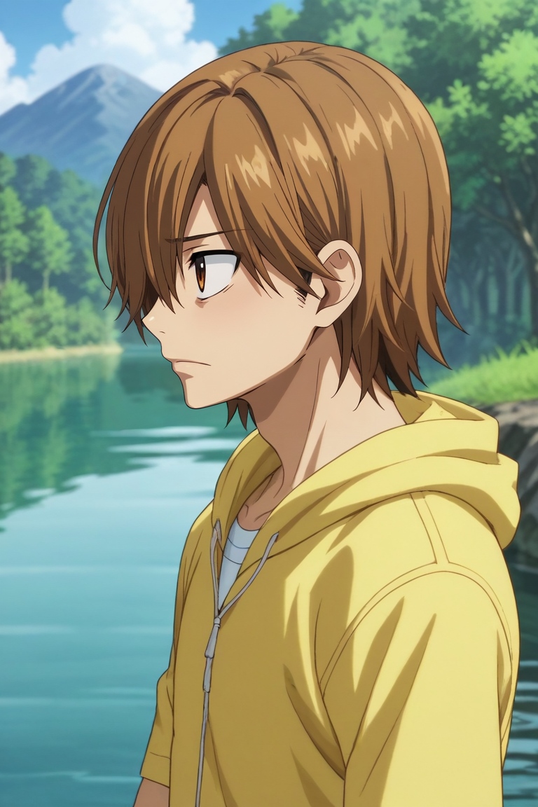 score_9, score_8_up, score_7_up, source_anime, rating_safe, , anime screencap, , , , depth of field, 1boy, solo, male focus, <lora:hajime_aoyagi_pony:0.74>, hajime_aoyagi, brown hair, brown eyes, hair over one eye, profile, river, dawn, standing, nervous, , <lora:sdxl_lightning_8step_lora:1>