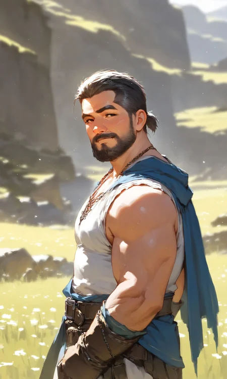 (masterpiece, best quality, high quality, absurdres, high detail, high detailed face),(gay:1.2), (1boy, mature male), toned, fantasy, outdoors, trending on artstation, depth of field<lora:NoobMale:1>