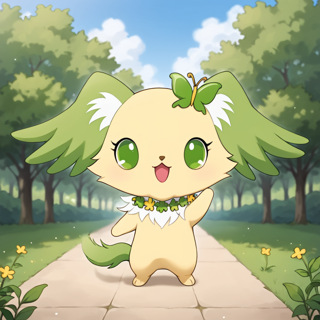 score_9, score_8_up, score_7_up, source_furry, realistic, furry, no humans, jpperidot, chibi, feral, 3 toes, green winged ears, yellow fur, yellow body, green tail, white inner ear fluff , white chest fur, flower garland around neck, green butterfly clip, green eyes, (looking aside, looking at viewer), smile, open mouth, hand up, standing, detailed background, park, <lora:jp_Peridot_Pony:1>