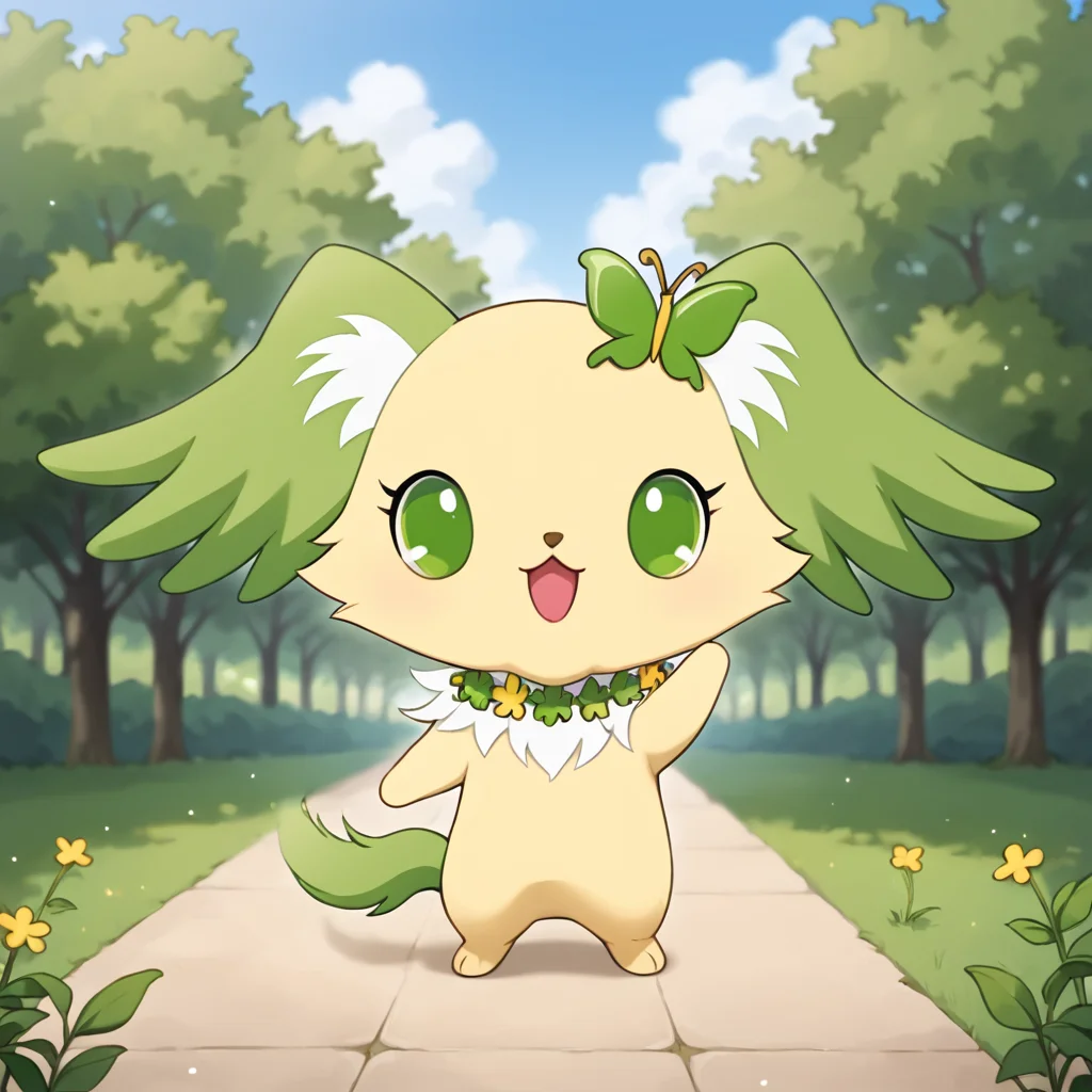 score_9, score_8_up, score_7_up, source_furry, realistic, furry, no humans, jpperidot, chibi, feral, 3 toes, green winged ears, yellow fur, yellow body, green tail, white inner ear fluff , white chest fur, flower garland around neck, green butterfly clip, green eyes, (looking aside, looking at viewer), smile, open mouth, hand up, standing, detailed background, park, <lora:jp_Peridot_Pony:1>