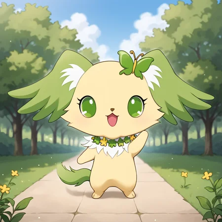 score_9, score_8_up, score_7_up, source_furry, realistic, furry, no humans, jpperidot, chibi, feral, 3 toes, green winged ears, yellow fur, yellow body, green tail, white inner ear fluff , white chest fur, flower garland around neck, green butterfly clip, green eyes, (looking aside, looking at viewer), smile, open mouth, hand up, standing, detailed background, park, <lora:jp_Peridot_Pony:1>