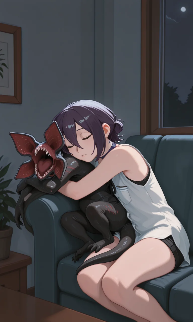 embedding:IllusP0s, g00se, looking at pet collared demogorgon, hugging, sleeping, eyes closed, 1girl, solo, reze, indoors, night, couch, eyes closed, black ribbon, button up, white shirt, sleeveless,<lora:g00se_v2_ill.safetensors:0.9:0.9> <lora:pet collared demogorgon, leash_illustrious.safetensors:1:1>