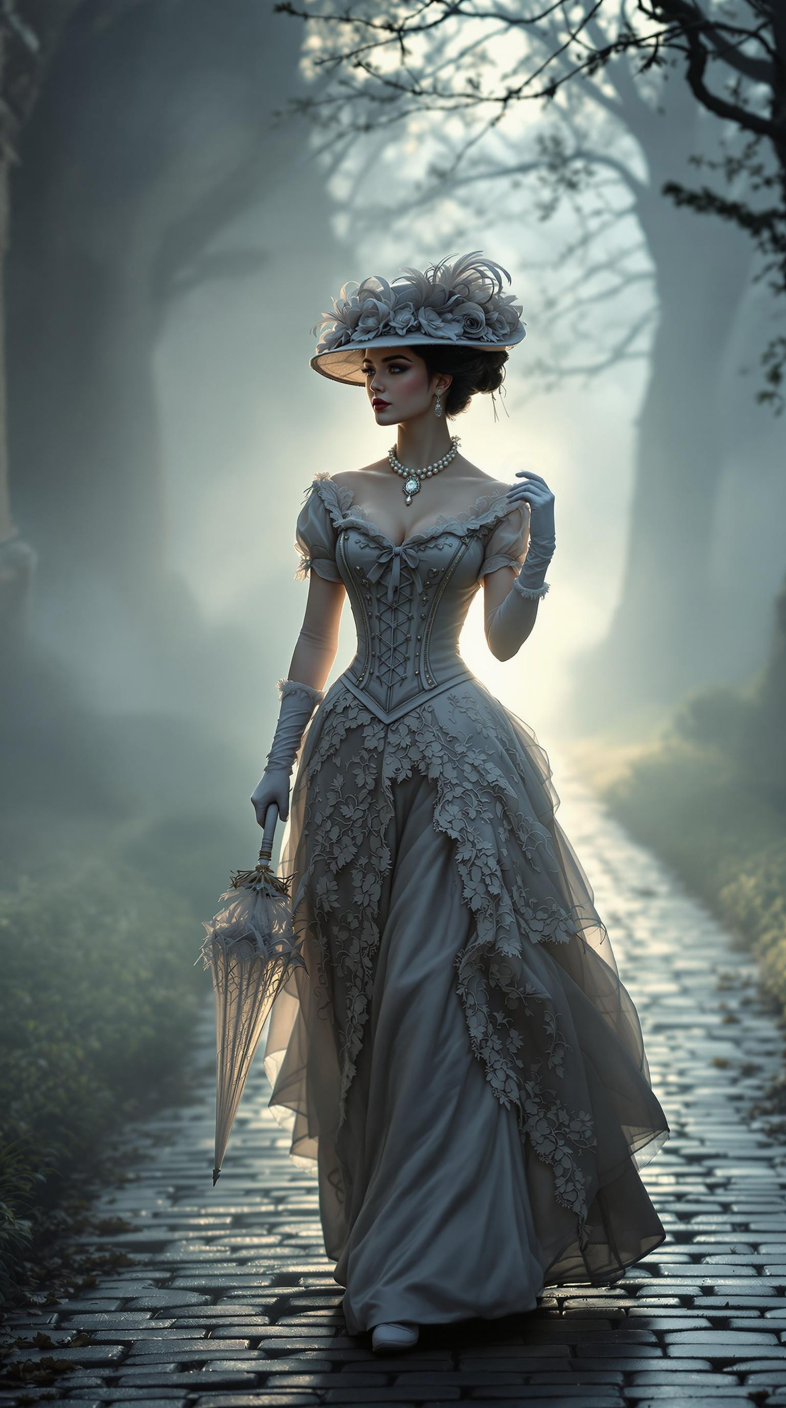 an ultra-detailed, photorealistic 8K photograph of a classical Victorian lady walking along a misty manor walkway at dawn. She wears an ornate Victorian gown with a tight corseted bodice and intricate lace embroidery, along with a vintage hat trimmed with ribbons and feathers. In one gloved hand she carries a lace parasol resting on her shoulder, while pearl earrings and a jeweled brooch add a touch of elegance. The cool early morning light diffuses through the fog, creating a soft glow around her silhouette and gentle shadows along the cobblestones. Every detail is sharp and lifelike  from the textured silk of her dress to the swirling mist  producing a whimsical yet realistic scene that feels like a moment frozen in time. <lora:aidmaFLuxPro1.1_v0.3:0.85> aidmafluxpro1.1