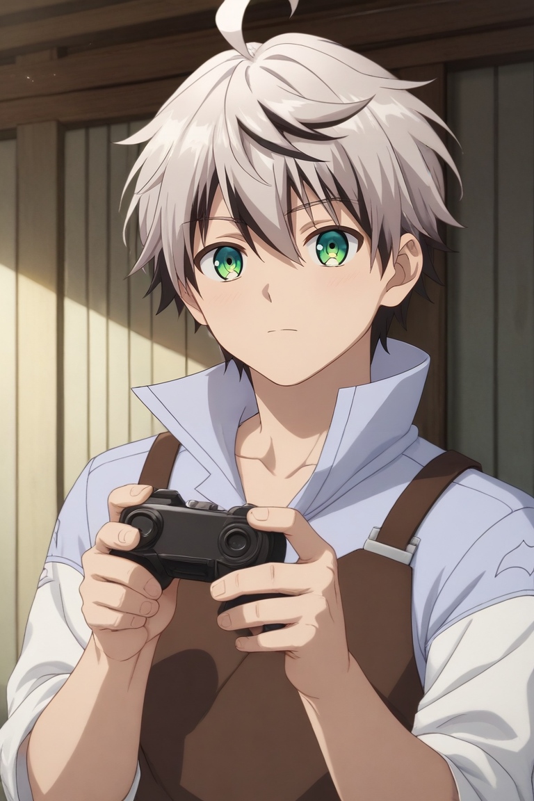 score_9, score_8_up, score_7_up, source_anime, rating_safe, , (photorealistic:0.6), looking at viewer, , 1boy, solo, male focus, <lora:rein_shroud_pony:0.78>, rein_shroud, grey hair, green eyes, short hair, multicolored hair, two-tone hair, black hair, bangs, hair between eyes, ahoge, asymmetrical, armory, day, sunny, holding object, distracted, aloof, oblivious, , <lora:sdxl_lightning_8step_lora:1>