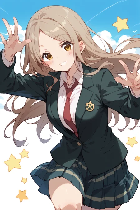 score_9, score_8_up, score_7_up, score_6_up,
<lora:Kotone_Noda:1> kotone, 1girl, solo, long hair, necktie, smile, star (symbol), brown hair, blush, school uniform, brown eyes, jacket, blazer, red necktie, yellow eyes, shirt