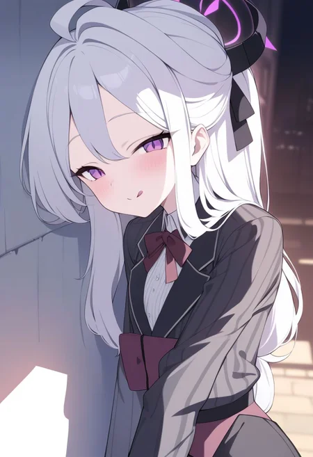 (masterpiece),(best quality),(ultra-detailed),(best illustration),(best shadow),(absurdres),(detailed background),(very aesthetic), 1girl, solo, Hina_(Blue_Archive), white hair, purple eyes, long hair, cabaret outfit, seductive smile, tongue out, leaning on a wall, alley background, red-light district, upper body,