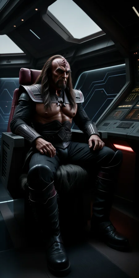 (masterpiece:1.5), realistic, (full body shot:1.2), cinematic, photograph, Klingon, sitting in a chair at a control panel on the bridge, (black combat boots:1.5), (cinematic lighting:1.3), (sharpen light:1.2), (intricate shadows:1.3), cinematic shot, high resolution, cinematic lighting, reflections, HDR, 8K resolution, <lora:Star Trek TNG SDXL v1:0.75> <lora:Perfect Hands v2:0.7> <lora:2BoutOvalSDXL2:1>
