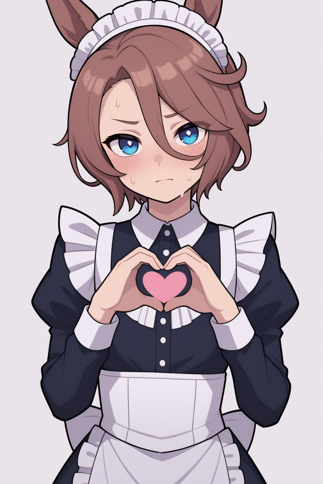 masterpiece,best quality,closed mouth,white background,short hair,enmaided,absurdres,maid,brown hair,looking at viewer,highres,frilled dress,long sleeves,hair between eyes,1girl,puffy sleeves,juliet sleeves,nida keita,dress,simple background,blue eyes,upper body,frills,umamusume,heart,sweat,horse girl,solo,blush,narita taishin \(umamusume\),black dress,heart hands,maid headdress