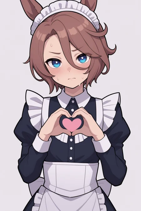 masterpiece,best quality,closed mouth,white background,short hair,enmaided,absurdres,maid,brown hair,looking at viewer,highres,frilled dress,long sleeves,hair between eyes,1girl,puffy sleeves,juliet sleeves,nida keita,dress,simple background,blue eyes,upper body,frills,umamusume,heart,sweat,horse girl,solo,blush,narita taishin \(umamusume\),black dress,heart hands,maid headdress