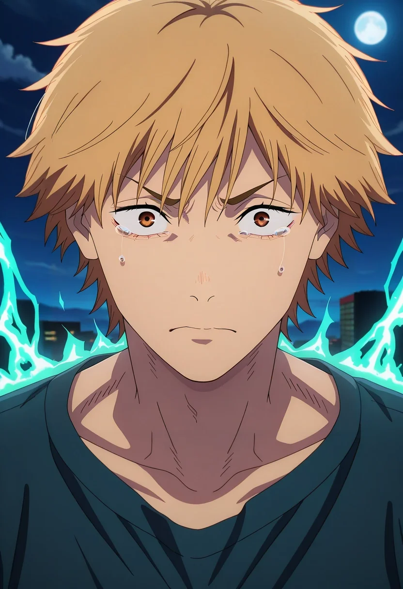 masterpiece, best quality, , anime screencap, anime coloring, official style, looking at viewer, 1boy, solo, male focus, <lora:denji_chainsaw_man_ilxl:1>, denji_chainsaw_man, blonde hair, brown eyes, short hair, bangs, , panorama, energy plant, night, full moon, (dynamic pose), tearing up,