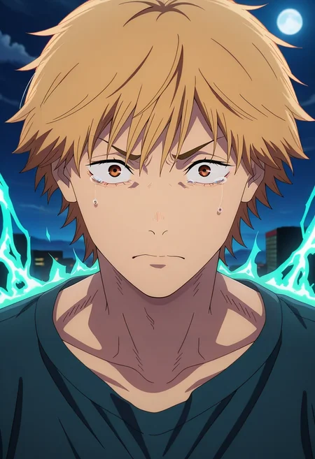 masterpiece, best quality, , anime screencap, anime coloring, official style, looking at viewer, 1boy, solo, male focus, <lora:denji_chainsaw_man_ilxl:1>, denji_chainsaw_man, blonde hair, brown eyes, short hair, bangs, , panorama, energy plant, night, full moon, (dynamic pose), tearing up,