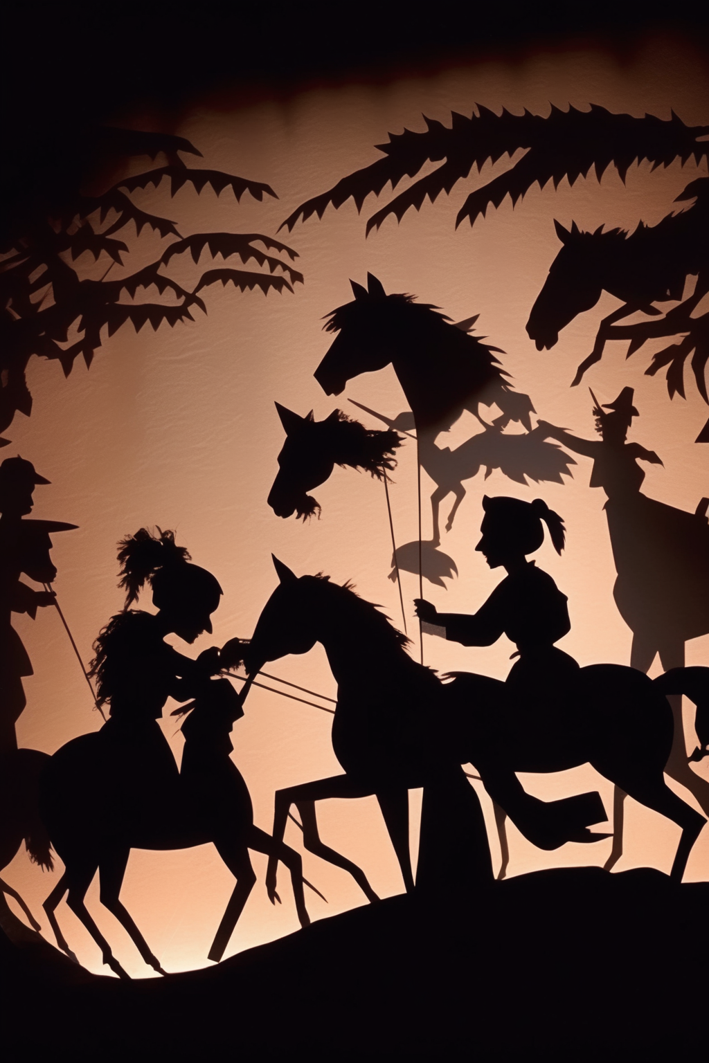 <lora:Lotte Reinige Style:1>Lotte Reinige Style - Shadow puppetry, an Ottoman riding wild horses through a mountain