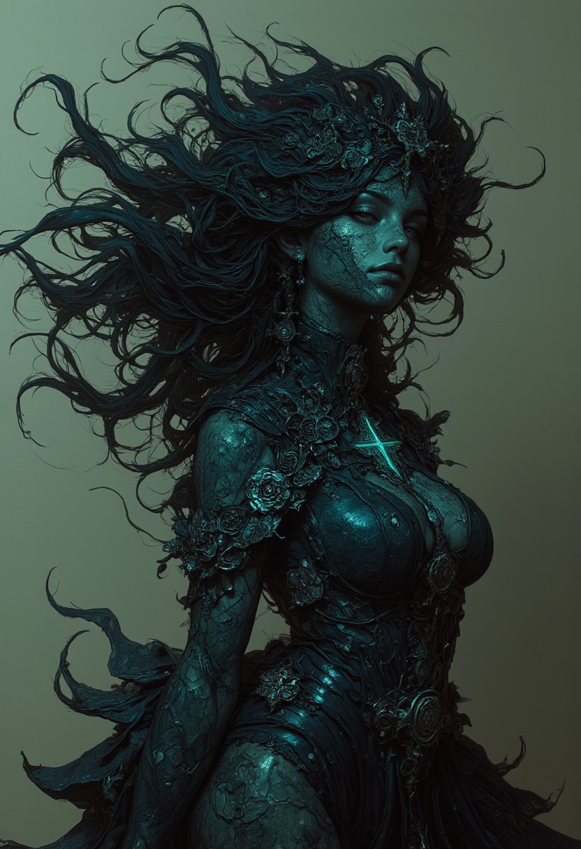 A statue of a african woman made of Black Agate, her skin composed of delicate, textured Black Agate, with diamond and Black Agate carved flowers intricately woven into her hair, her eyes are a bright, glowing green color, and she is wearing a majestic, windy-blown ornate gown with tattered, Black Agate and obsidian petals, reminiscent of a dark, dystopian world, her face and shoulders illuminated by a soft, ambient glow, as if radiating an otherworldly energy. In the styles of Royo's dark, mystical realism, Artgerm's hyper-detailed, metallic sheen, and Lovecraft's eerie, atmospheric tension, with meticulous attention to intricate textures, dramatic shading, and a sense of haunting, ethereal beauty.