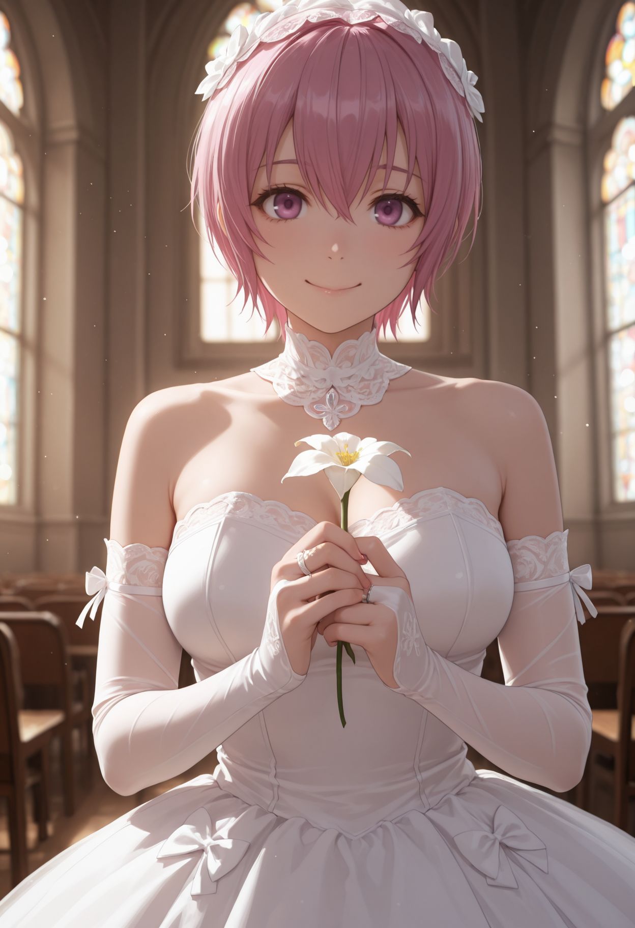 masterpiece,best quality,absurdres,highres,very aesthetic,high quality,detailed,insanely detailed,beautiful,perfect lighting, ,depth of field,blurry background,bokeh, looking at viewer, 
,  <lora:Sakuragi Naruha Illu :1> 1girl, short hair, pink hair, purple eyes,
dress, bridal gauntlets, strapless dress, wedding dress, white dress, simple background, indoor, church, holding flower, smile