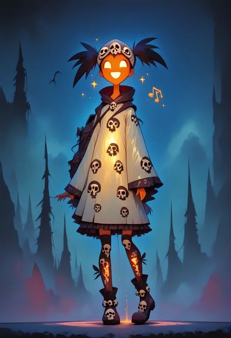 (masterpiece, best quality, high quality, good quality), 1girl, solo, petite, twintails, raincoat, backpack, frilled skirt, rubber boots, blue sky, walking, on cloud, happy, humming, musical note, rainbow, sparkle, sunlight, bird, full body, pastel colors, colorful
,FFAnime Style, slimes_skullwm, made of skulls