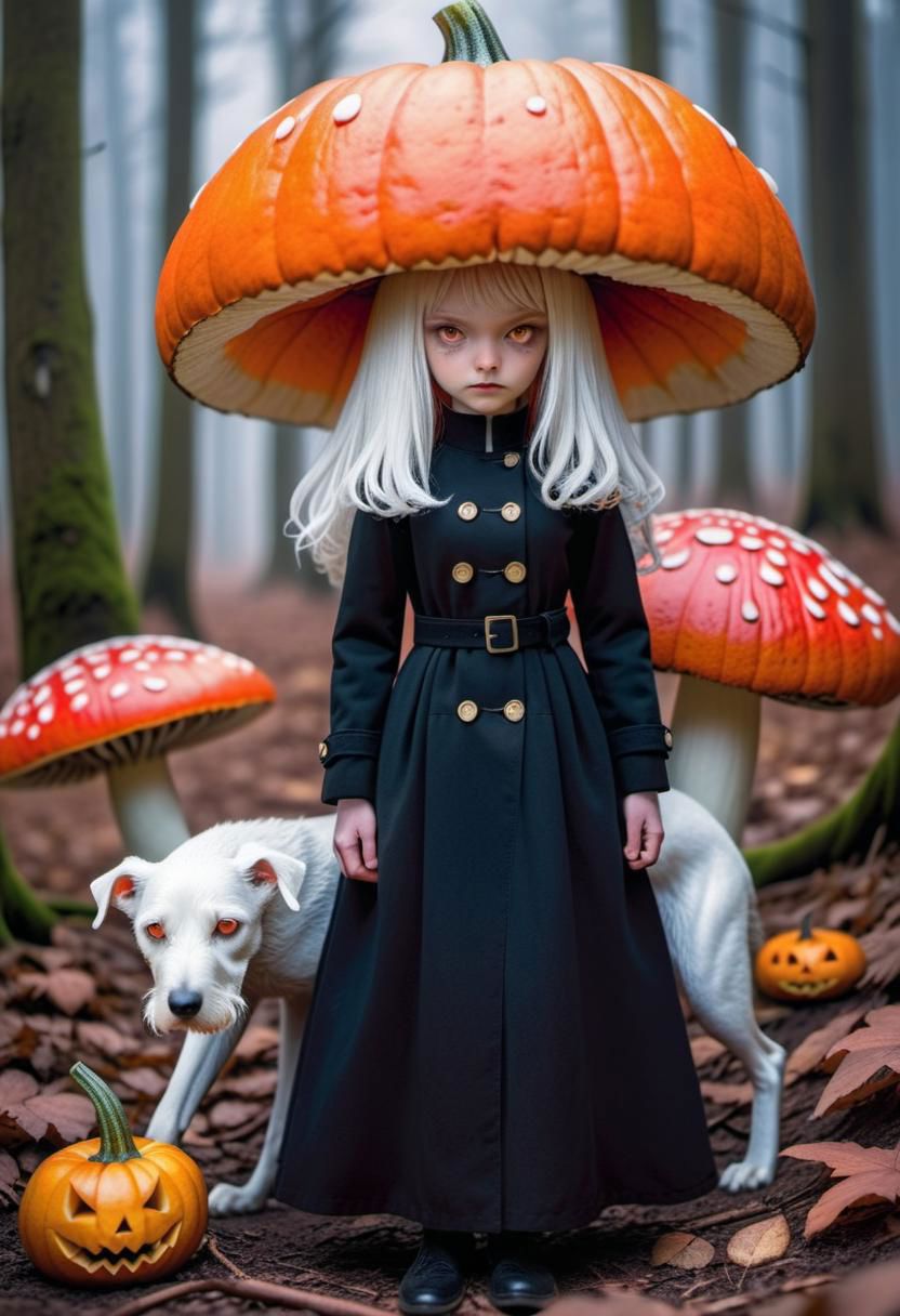 autumn orange forest, little elf child, carved pumpkin head, black trench coat, Irish wolfhound, frogs and fly agaric mushrooms on ground, by alan m clark and the brothers hildebrandt, orange demon girl with lethargic sleepy smoky eyes, white curls , insect eyes, antenna , mesh fishnet blouse, (long intricate horns:1.2)