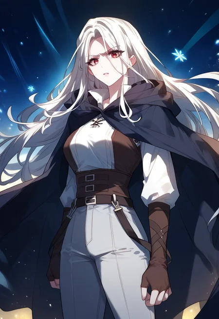 zPDXL3, score_9_up, score_8_up, score_7_up, (Anime_source), 1girl, Laila, red eyes, white hair, long hair, pants, belt, shirt, cape, looking at viewer, particles, parted lips