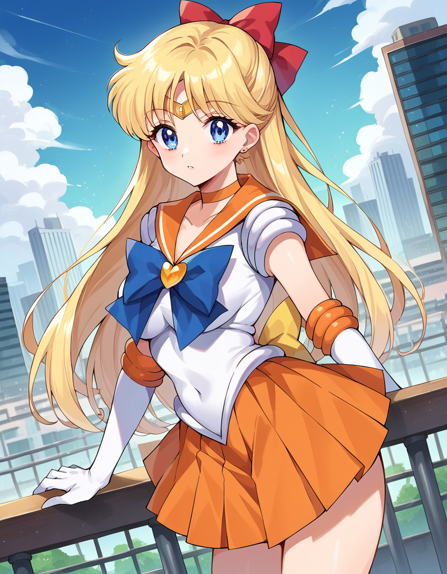 score_9, score_8_up, score_7_up, source_anime,
sailorvenus, <lora:sailor-venus-ponyxl-lora-nochekaiser:1>
sailor venus, blonde hair, blue eyes, bow, hair bow, half updo, long hair, red bow, tiara,
back bow, choker, elbow gloves, gloves, jewelry, magical girl, orange choker, orange sailor collar, orange skirt, sailor collar, sailor senshi uniform, school uniform, serafuku, skirt, white gloves,
outdoors, cityscape,
looking at viewer, cowboy shot, dutch angle,