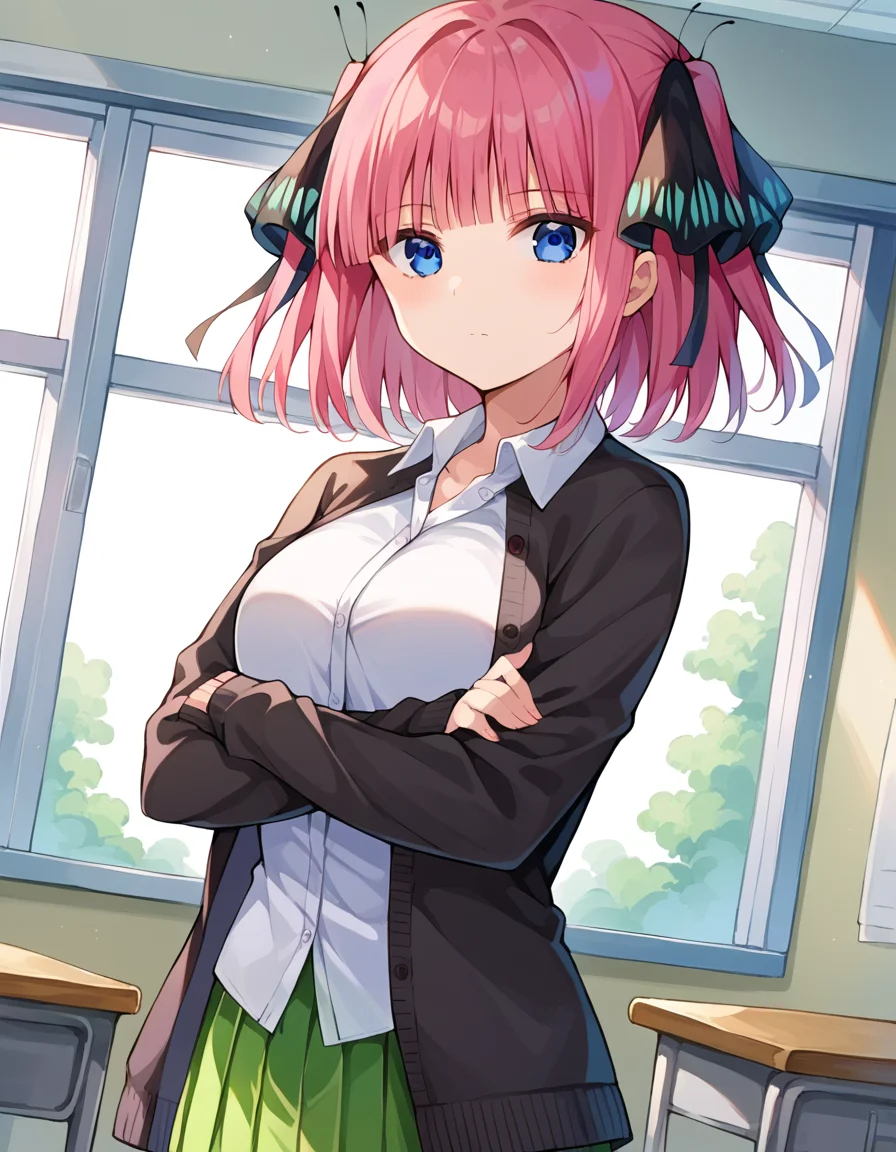 score_9, score_8_up, score_7_up, source_anime,
ninonakano, <lora:nino-nakano-pruned-ponyxl-lora-nochekaiser:1>,
nino nakano, short hair, bangs, blue eyes, hair ornament, hair ribbon, pink hair, blunt bangs, two side up, butterfly hair ornament, mature female,
skirt, shirt, long sleeves, white shirt, pleated skirt, open clothes, collared shirt, sleeves past wrists, dress shirt, cardigan, green skirt, open cardigan, black cardigan, crossed arms,
indoors, classroom,
looking at viewer, cowboy shot, dutch angle,
