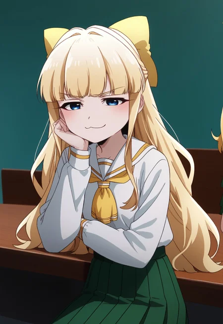 safe_pos, safe_pos, score_9, score_8_up, score_7_up, score_6_up, source_anime, petite, slender, tenkawa, blonde_hair, long_hair, blue_eyes, yellow_bow, long_sleeves, white_shirt, yellow_neckerchief, green_skirt, pleated_skirt, black_socks, kneehigh_socks, sitting on table, smug, :3, feet, from bellow
