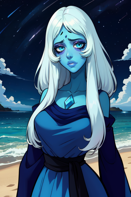 Bledim,white hair,sad,(blue skin:1.3),blue eyes, gem between collarbone, 
blue dress,wide sleeves,
beach, stars, 
night, 
upper body,standing, 
(insanely detailed, beautiful detailed face, masterpiece, best quality), <lora:BlueDiamond:0.9>