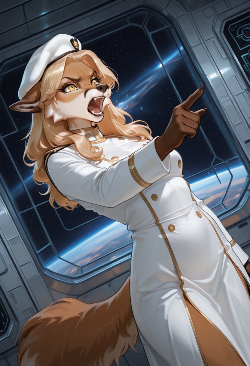 highly detailed, best quality, masterpiece, detailed background, detailed fur, detailed eyes, 1 anthro fox woman, Denebra, blonde hair, tan fur, brown ears, yellow eyes, fluffy tail, older woman, mature, white uniform, high collar, beret, pointing forward, open mouth, shouting orders, surrounded by soldiers, holding blasters, action scene, dynamic pose,
futuristic background, metal walls, command center, space station,
Dutch angle, low angle, 
Variety,