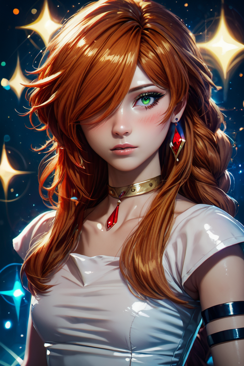 score_9, score_8_up, score_8, medium breasts, (curvy), cute, eyelashes,       BREAK, , zzFlamme, long hair, green eyes, brown hair, orange hair, hair over one eye, earrings, braid, collarbone, armlet, white dress, short sleeves, bracelet, choker, red hair <lora:FlammeFrieren_PDXL_v1:0.8>, BREAK,  (ultra realistic,32k, masterpiece:1.2),(high detailed skin:1.1),( high quality:1.1), curvy, head tilt, hearts, blush, lips, closed mouth, curvy, head tilt, shiny clothes, (upper body), looking at viewer, bokeh, luminescent background, ,,, embedding:zPDXL, Expressiveh, ,,, <lora:RlAnmPDXL:1.0>,