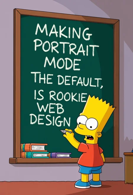 Bart Simpson writing "MAKING PORTRAIT MODE THE DEFAULT, IS ROOKIE WEB DESIGN" on a chalkboard