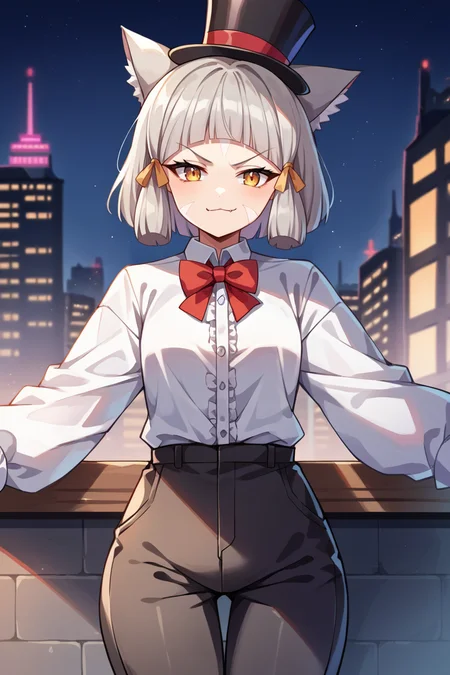 score_9, score_8_up, score_7_up, score_6_up, source_anime BREAK 1girl, solo <lora:nia-pdxl-nvwls-v1-000006:1> rndNia, cat ears, grey hair, short hair, blunt bangs, facial mark, hair ribbon, top hat, white shirt, collared shirt, long sleeves, frilled shirt, puffy pants, black pants, city, looking at you, smug, red bowtie, night, skyscrapers